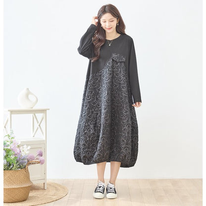 異素材切り替え バルーン ロングワンピース ジャガード風 アシンメトリー 長袖 ゆったり 体型カバー