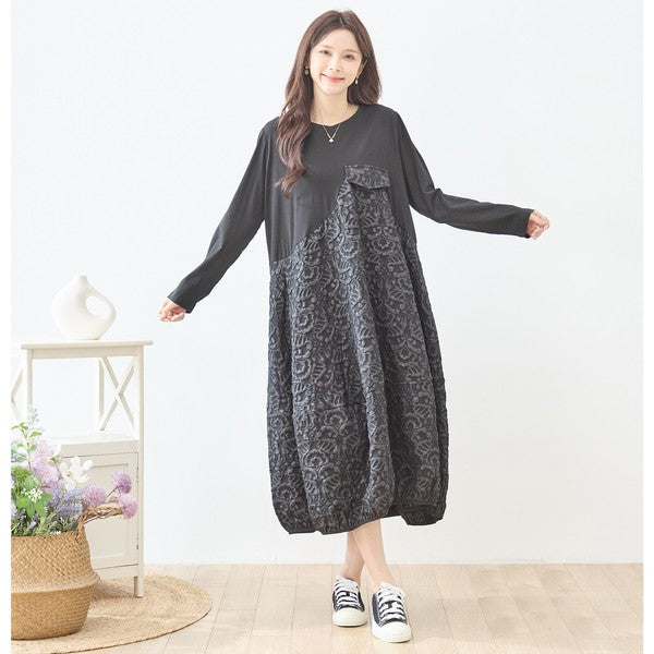 異素材切り替え バルーン ロングワンピース ジャガード風 アシンメトリー 長袖 ゆったり 体型カバー