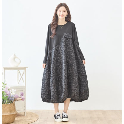 異素材切り替え バルーン ロングワンピース ジャガード風 アシンメトリー 長袖 ゆったり 体型カバー