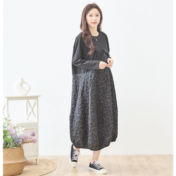 異素材切り替え バルーン ロングワンピース ジャガード風 アシンメトリー 長袖 ゆったり 体型カバー