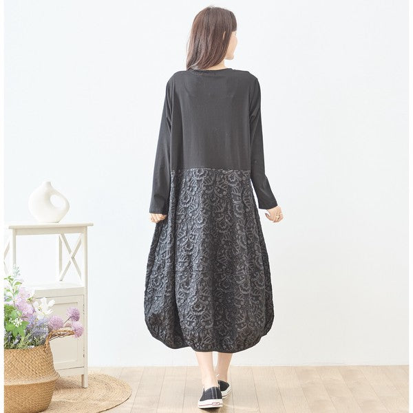 異素材切り替え バルーン ロングワンピース ジャガード風 アシンメトリー 長袖 ゆったり 体型カバー