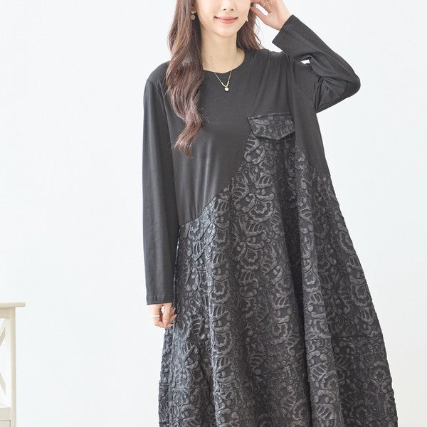 異素材切り替え バルーン ロングワンピース ジャガード風 アシンメトリー 長袖 ゆったり 体型カバー