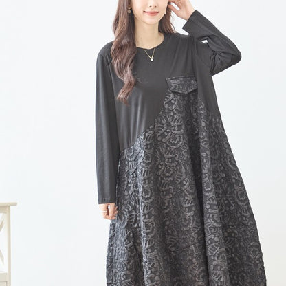 異素材切り替え バルーン ロングワンピース ジャガード風 アシンメトリー 長袖 ゆったり 体型カバー