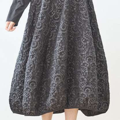 異素材切り替え バルーン ロングワンピース ジャガード風 アシンメトリー 長袖 ゆったり 体型カバー