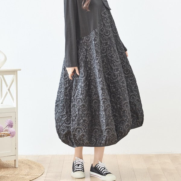 異素材切り替え バルーン ロングワンピース ジャガード風 アシンメトリー 長袖 ゆったり 体型カバー