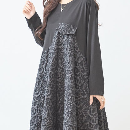 異素材切り替え バルーン ロングワンピース ジャガード風 アシンメトリー 長袖 ゆったり 体型カバー