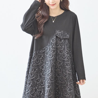 異素材切り替え バルーン ロングワンピース ジャガード風 アシンメトリー 長袖 ゆったり 体型カバー