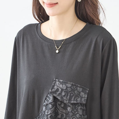 異素材切り替え バルーン ロングワンピース ジャガード風 アシンメトリー 長袖 ゆったり 体型カバー