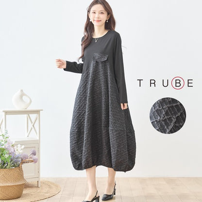 異素材切り替え バルーン ロングワンピース 幾何学ジャガード風 アシンメトリー 長袖 ゆったり L〜LL 体型カバー