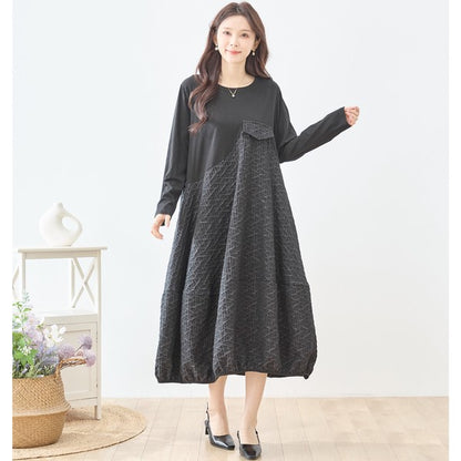 異素材切り替え バルーン ロングワンピース 幾何学ジャガード風 アシンメトリー 長袖 ゆったり L〜LL 体型カバー