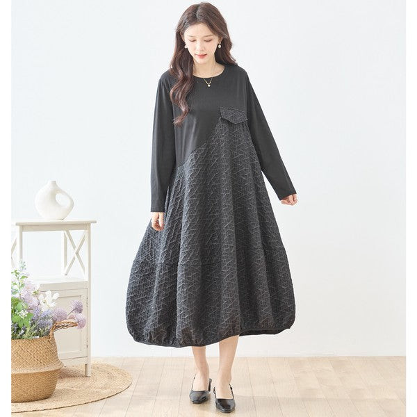 異素材切り替え バルーン ロングワンピース 幾何学ジャガード風 アシンメトリー 長袖 ゆったり L〜LL 体型カバー