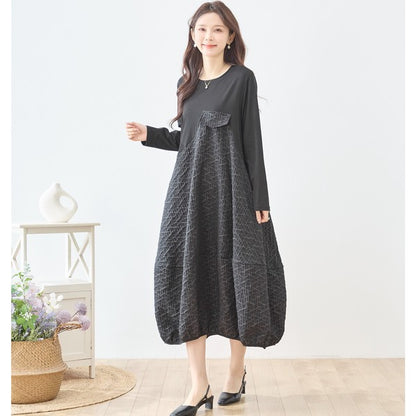 異素材切り替え バルーン ロングワンピース 幾何学ジャガード風 アシンメトリー 長袖 ゆったり L〜LL 体型カバー
