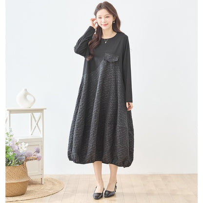 異素材切り替え バルーン ロングワンピース 幾何学ジャガード風 アシンメトリー 長袖 ゆったり L〜LL 体型カバー