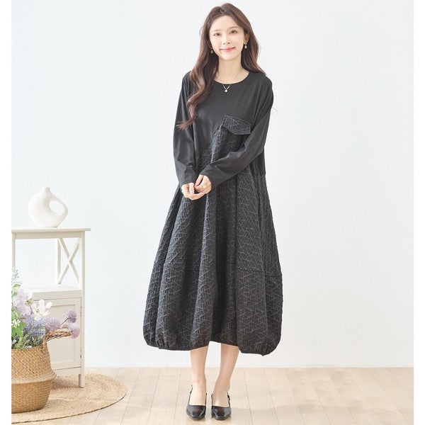 異素材切り替え バルーン ロングワンピース 幾何学ジャガード風 アシンメトリー 長袖 ゆったり L〜LL 体型カバー