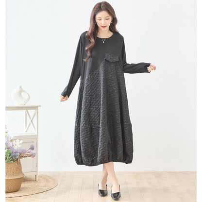 異素材切り替え バルーン ロングワンピース 幾何学ジャガード風 アシンメトリー 長袖 ゆったり L〜LL 体型カバー