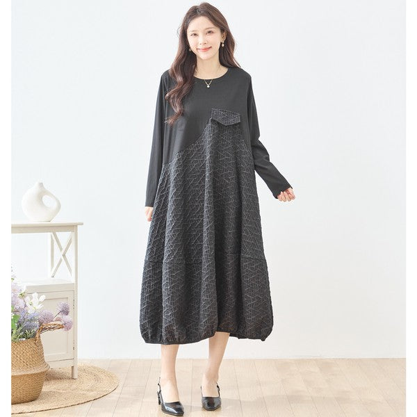 異素材切り替え バルーン ロングワンピース 幾何学ジャガード風 アシンメトリー 長袖 ゆったり L〜LL 体型カバー