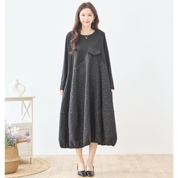 異素材切り替え バルーン ロングワンピース 幾何学ジャガード風 アシンメトリー 長袖 ゆったり L〜LL 体型カバー