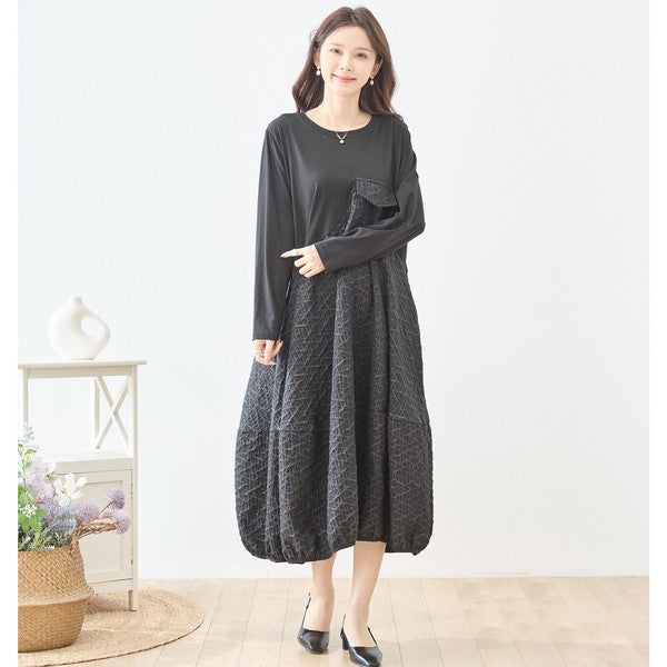 異素材切り替え バルーン ロングワンピース 幾何学ジャガード風 アシンメトリー 長袖 ゆったり L〜LL 体型カバー