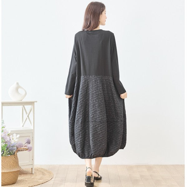 異素材切り替え バルーン ロングワンピース 幾何学ジャガード風 アシンメトリー 長袖 ゆったり L〜LL 体型カバー