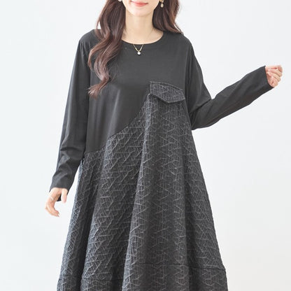 異素材切り替え バルーン ロングワンピース 幾何学ジャガード風 アシンメトリー 長袖 ゆったり L〜LL 体型カバー