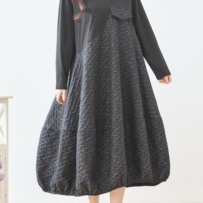 異素材切り替え バルーン ロングワンピース 幾何学ジャガード風 アシンメトリー 長袖 ゆったり L〜LL 体型カバー
