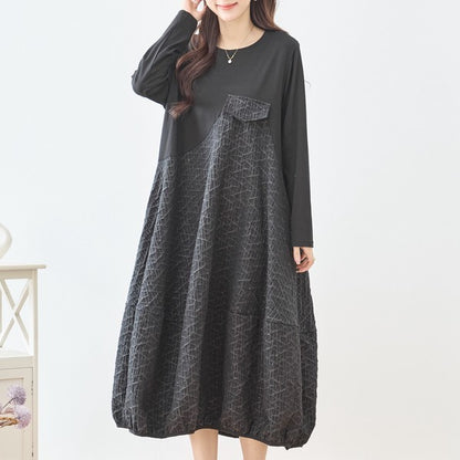 異素材切り替え バルーン ロングワンピース 幾何学ジャガード風 アシンメトリー 長袖 ゆったり L〜LL 体型カバー