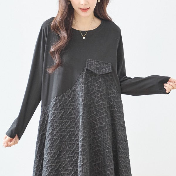 異素材切り替え バルーン ロングワンピース 幾何学ジャガード風 アシンメトリー 長袖 ゆったり L〜LL 体型カバー