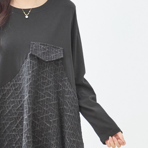 異素材切り替え バルーン ロングワンピース 幾何学ジャガード風 アシンメトリー 長袖 ゆったり L〜LL 体型カバー