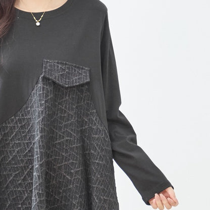異素材切り替え バルーン ロングワンピース 幾何学ジャガード風 アシンメトリー 長袖 ゆったり L〜LL 体型カバー