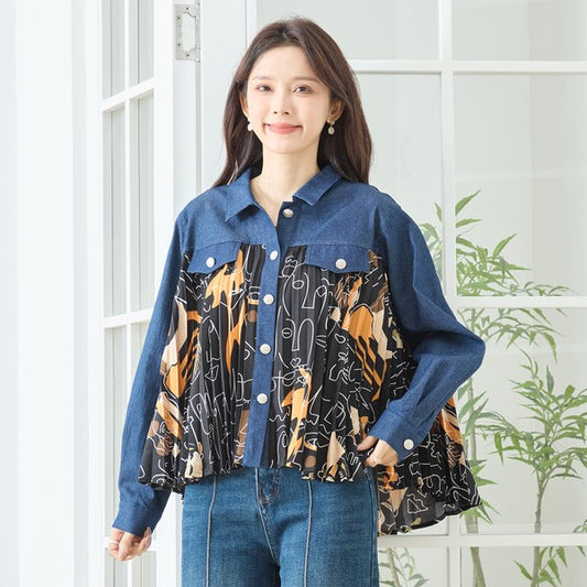 デニム プリーツ 異素材切り替え シャツ ジャケット アート柄 ゆったり 体型カバー