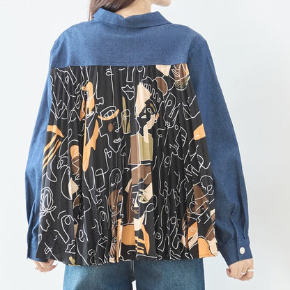 デニム プリーツ 異素材切り替え シャツ ジャケット アート柄 ゆったり 体型カバー