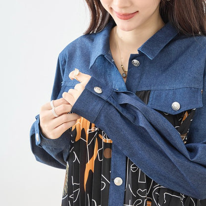 デニム プリーツ 異素材切り替え シャツ ジャケット アート柄 ゆったり 体型カバー