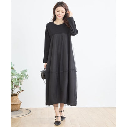 チュールドッキング ワンピース ロング丈 長袖 クルーネック ゆったり 体型カバー きれいめ 春 夏