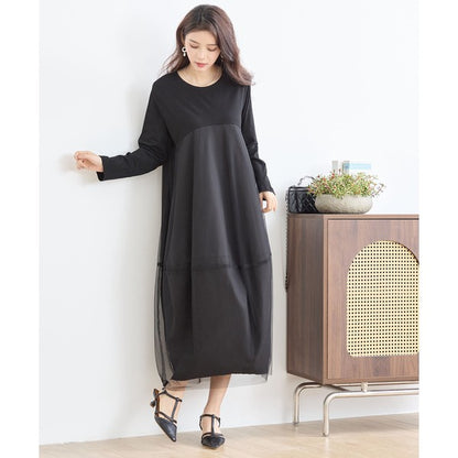 チュールドッキング ワンピース ロング丈 長袖 クルーネック ゆったり 体型カバー きれいめ 春 夏
