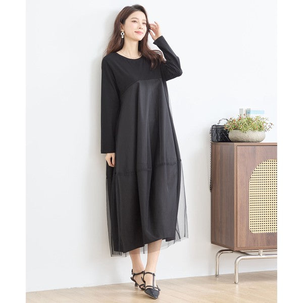 チュールドッキング ワンピース ロング丈 長袖 クルーネック ゆったり 体型カバー きれいめ 春 夏
