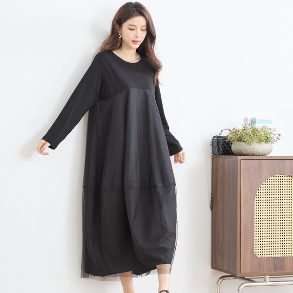 チュールドッキング ワンピース ロング丈 長袖 クルーネック ゆったり 体型カバー きれいめ 春 夏