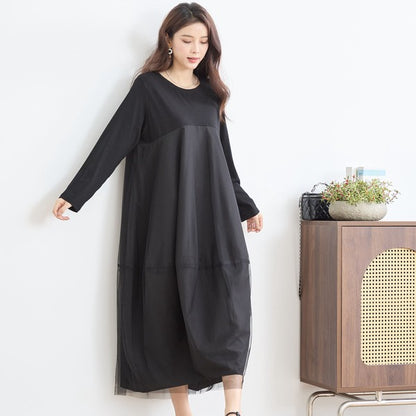 チュールドッキング ワンピース ロング丈 長袖 クルーネック ゆったり 体型カバー きれいめ 春 夏