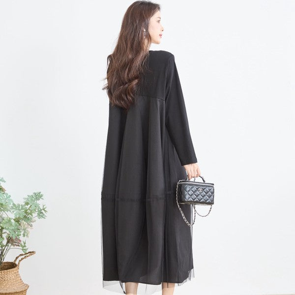 チュールドッキング ワンピース ロング丈 長袖 クルーネック ゆったり 体型カバー きれいめ 春 夏