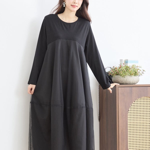 チュールドッキング ワンピース ロング丈 長袖 クルーネック ゆったり 体型カバー きれいめ 春 夏
