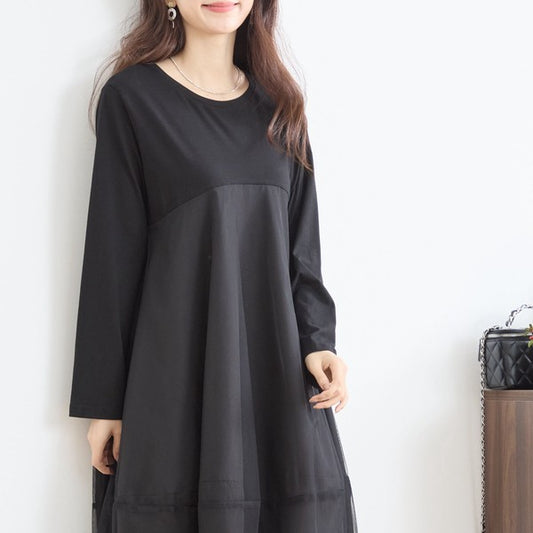 チュールドッキング ワンピース ロング丈 長袖 クルーネック ゆったり 体型カバー きれいめ 春 夏