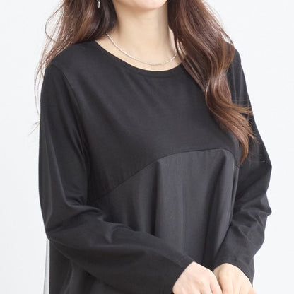 チュールドッキング ワンピース ロング丈 長袖 クルーネック ゆったり 体型カバー きれいめ 春 夏