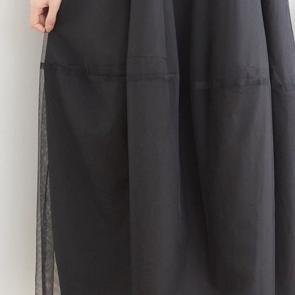 チュールドッキング ワンピース ロング丈 長袖 クルーネック ゆったり 体型カバー きれいめ 春 夏