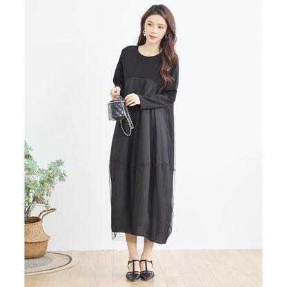 チュールドッキング ワンピース ロング丈 長袖 クルーネック ゆったり 体型カバー きれいめ 春 夏