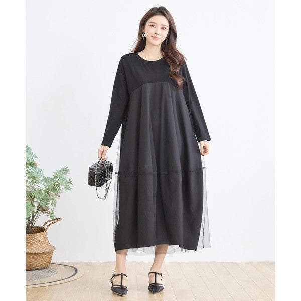 チュールドッキング ワンピース ロング丈 長袖 クルーネック ゆったり 体型カバー きれいめ 春 夏