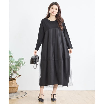 チュールドッキング ワンピース ロング丈 長袖 クルーネック ゆったり 体型カバー きれいめ 春 夏