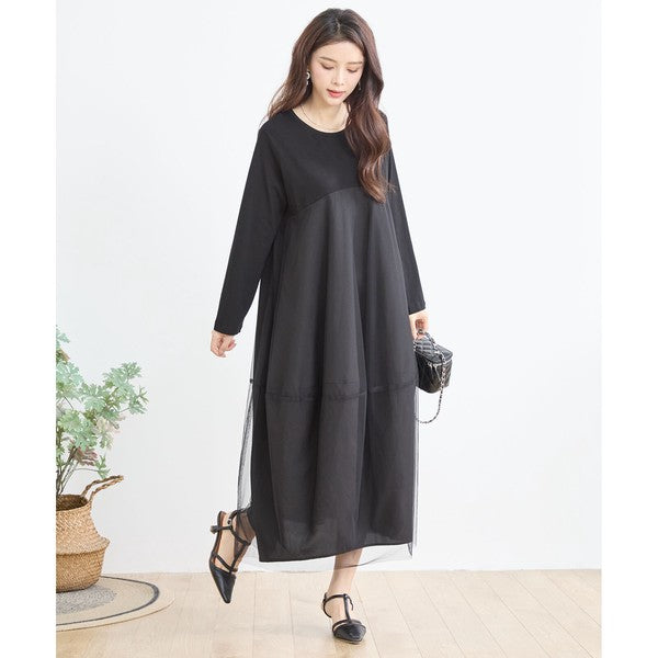 チュールドッキング ワンピース ロング丈 長袖 クルーネック ゆったり 体型カバー きれいめ 春 夏