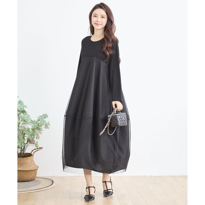 チュールドッキング ワンピース ロング丈 長袖 クルーネック ゆったり 体型カバー きれいめ 春 夏