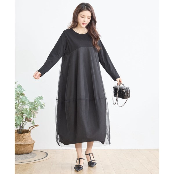 チュールドッキング ワンピース ロング丈 長袖 クルーネック ゆったり 体型カバー きれいめ 春 夏