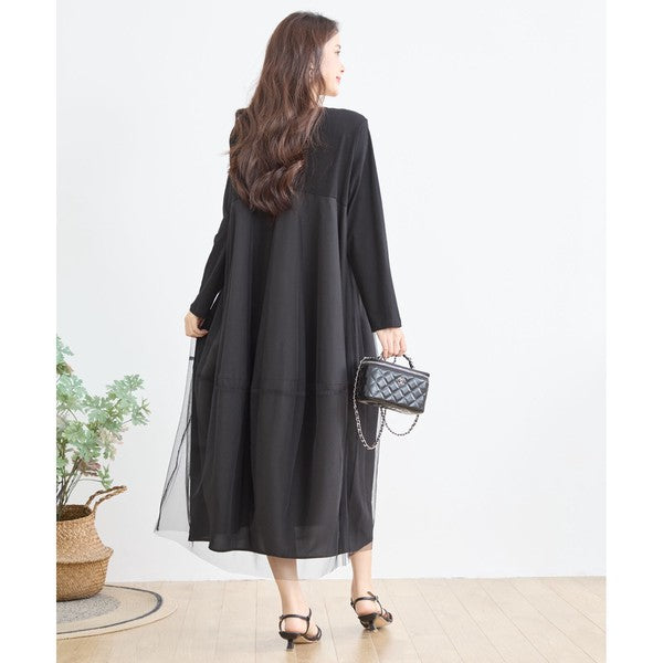 チュールドッキング ワンピース ロング丈 長袖 クルーネック ゆったり 体型カバー きれいめ 春 夏