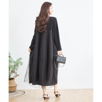 チュールドッキング ワンピース ロング丈 長袖 クルーネック ゆったり 体型カバー きれいめ 春 夏